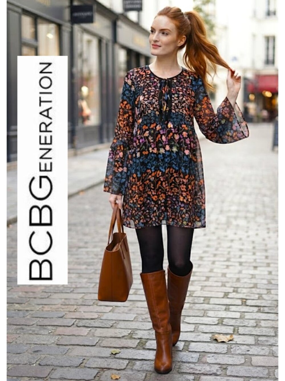 BCBGeneration Black Floral Mini Dress with Orange and Blue Print